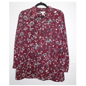 J Jill Women's Large Burgundy Floral Print Long Sleeve Button Up Shirt